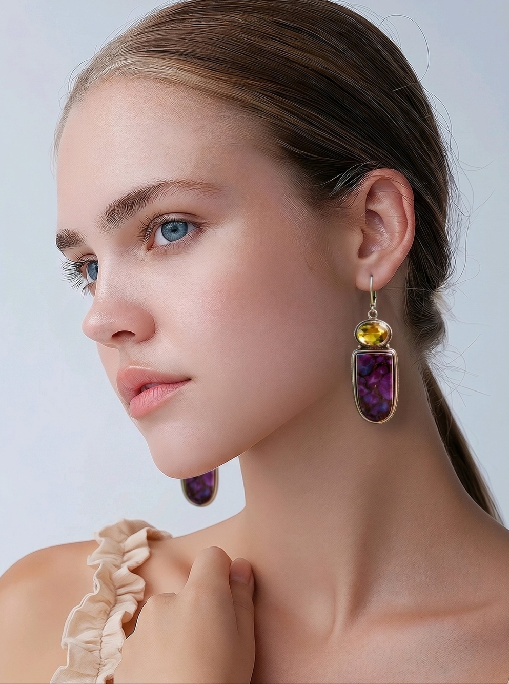 Cosmic Western Artisan 925 Silver Boho Purple Turquoise Citrine Dangle Earrings
